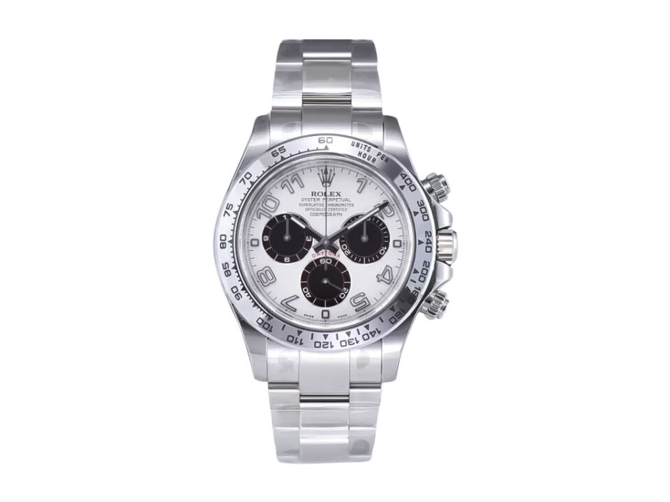 Cosmograph Daytona Stainless Steel watch with white dial, Arabic numerals, and silver bracelet displayed upright.