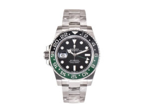 GMT-Master II Stainless Steel ‘Sprite’ on Oyster (40mm) with black dial, green and black bezel, date display at 3 o’clock.