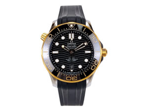 Seamaster Diver 300 Stainless Steel watch with black dial, gold bezel, and black rubber strap (42mm), shown in front view.
