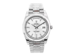Day-Date 40 White Gold 'President' watch with a silver diamond dial, fluted bezel, and signature bracelet design.