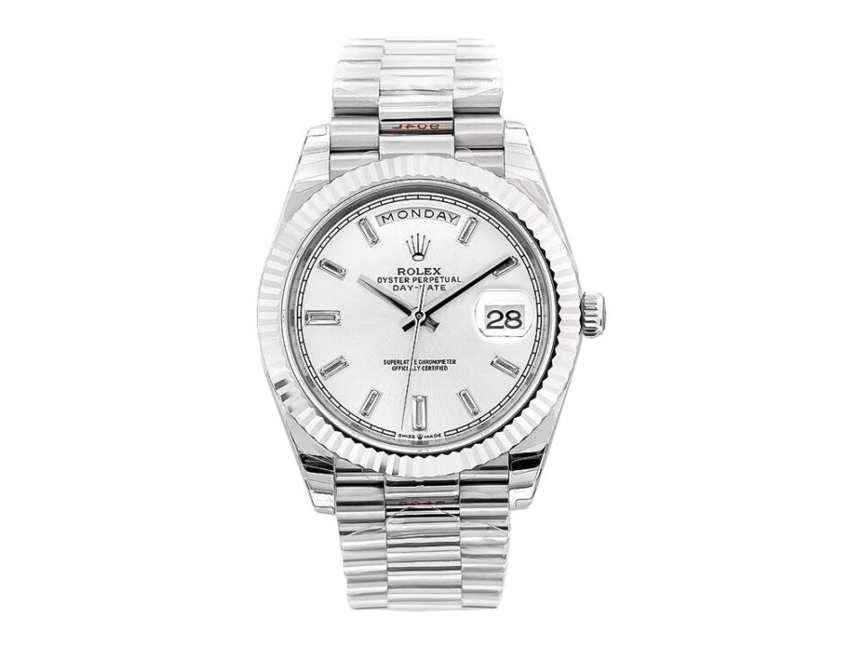 Day-Date 40 White Gold 'President' watch with a silver diamond dial, fluted bezel, and signature bracelet design.
