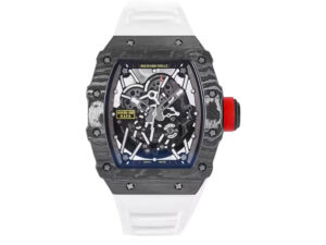 RM 35-02 Rafa watch with black bezel, red markers, skeleton dial, and white rubber strap displayed against white background.