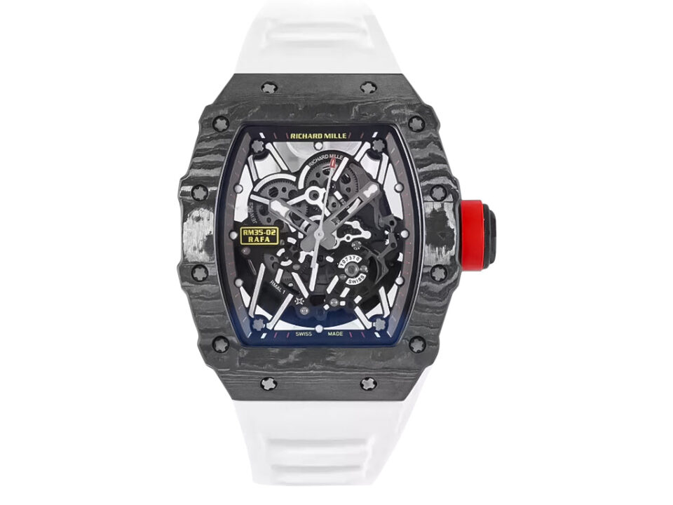 RM 35-02 Rafa watch with black bezel, red markers, skeleton dial, and white rubber strap displayed against white background.