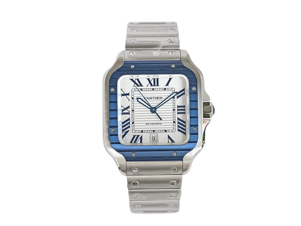 Santos Large Stainless Steel watch with white dial, blue bezel, Roman numerals, and 40mm case displayed on a product page.
