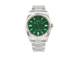 Oyster Perpetual 36 stainless steel watch with a green dial, luminous hour markers, and an elegant bracelet design.