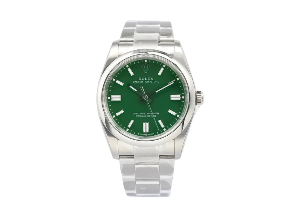 Oyster Perpetual 36 stainless steel watch with a green dial, luminous hour markers, and an elegant bracelet design.