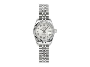 Lady-Datejust 28 Stainless Steel on Jubilee bracelet, white dial with Roman numerals, and fluted bezel displayed upright.