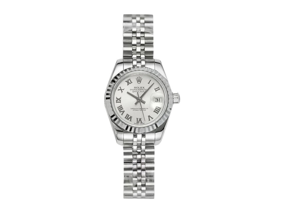 Lady-Datejust 28 Stainless Steel on Jubilee bracelet, white dial with Roman numerals, and fluted bezel displayed upright.