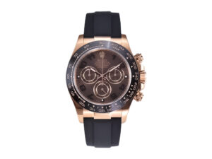 Cosmograph Daytona Rose Gold Oysterflex with Chocolate Dial and Arabic Numerals, featuring a luxurious black strap.