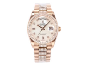 Day-Date 36 Rose Gold 'President' watch with Diamond Mother of Pearl Dial, Diamond Bezel, and elegant rose gold bracelet.