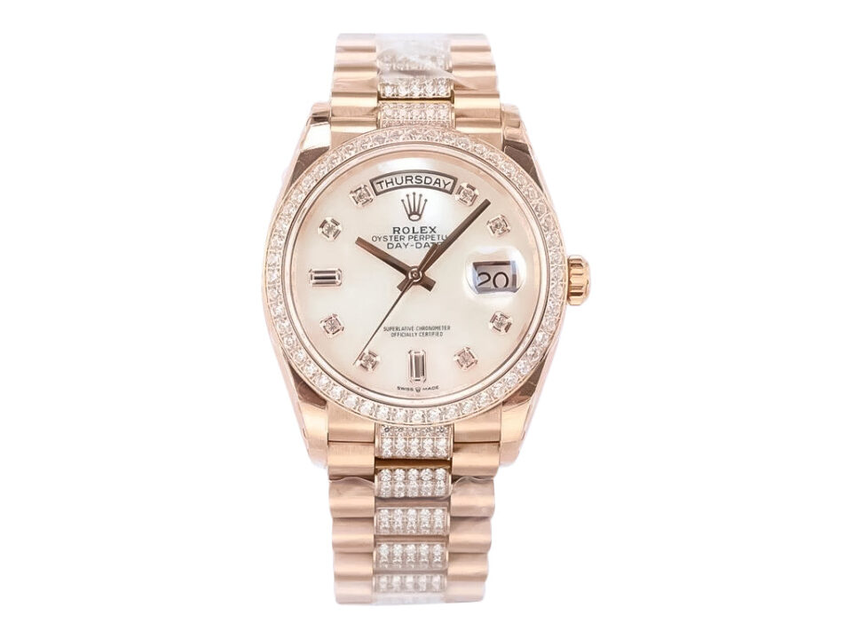 Day-Date 36 Rose Gold 'President' watch with Diamond Mother of Pearl Dial, Diamond Bezel, and elegant rose gold bracelet.