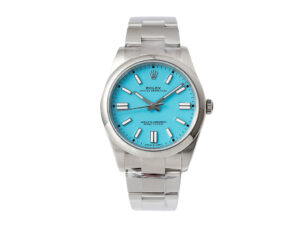 Oyster Perpetual 41 Stainless Steel watch with a striking turquoise blue dial, luminous markers, and polished bracelet.