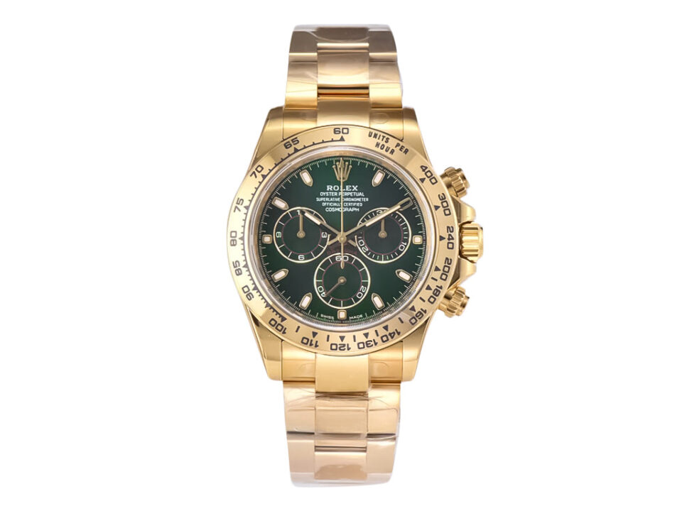Cosmograph Daytona Yellow Gold 'John Mayer' with Green Dial featuring a green dial and gold case, shown on product page.