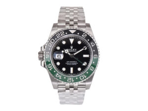 GMT-Master II Stainless Steel ‘Sprite’ on Jubilee (40mm) with black dial, green and black bezel, date display at 9 o’clock.