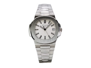 Nautilus Stainless Steel Watch with White Dial (40mm) featuring a sleek silver bracelet and minimalist hour markers.