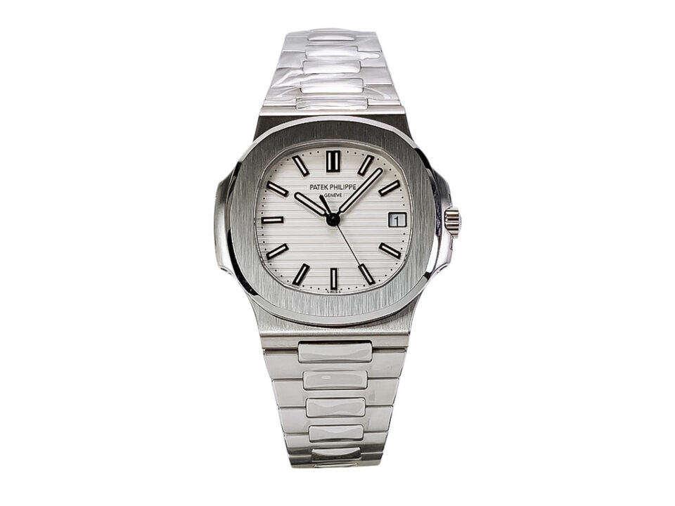 Nautilus Stainless Steel Watch with White Dial (40mm) featuring a sleek silver bracelet and minimalist hour markers.