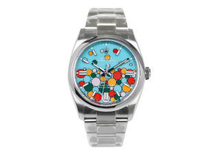 Oyster Perpetual 36 in stainless steel with a turquoise Celebration Motif dial, featuring multicolored bubbles and bracelet.