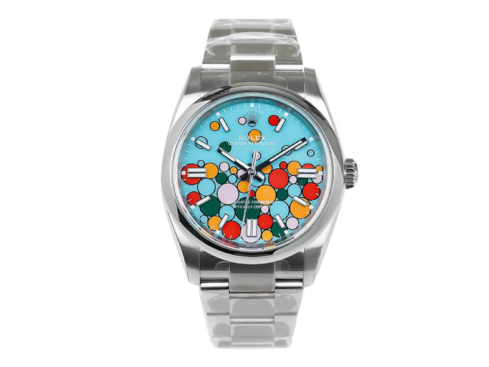Oyster Perpetual 36 in stainless steel with a turquoise Celebration Motif dial, featuring multicolored bubbles and bracelet.