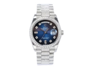 Day-Date 36 Stainless Steel 'President' watch with Diamond Blue Ombre Dial, Diamond Bezel, and elegant bracelet.