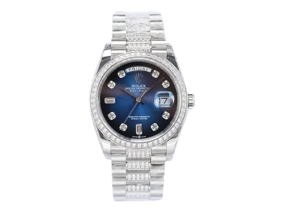 Day-Date 36 Stainless Steel 'President' watch with Diamond Blue Ombre Dial, Diamond Bezel, and elegant bracelet.