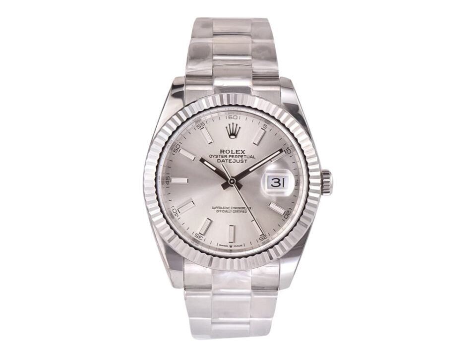 Datejust 41 Stainless Steel watch on Oyster bracelet with silver dial and fluted bezel, featuring date display at 3 o'clock.