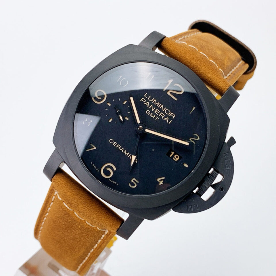 Luminor 1950 3 Days GMT Automatic Ceramica watch with black dial, brown leather strap, and 44mm ceramic case.