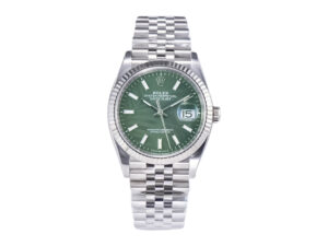 Datejust 36 stainless steel watch with green palm motif dial, fluted bezel, and Jubilee bracelet.