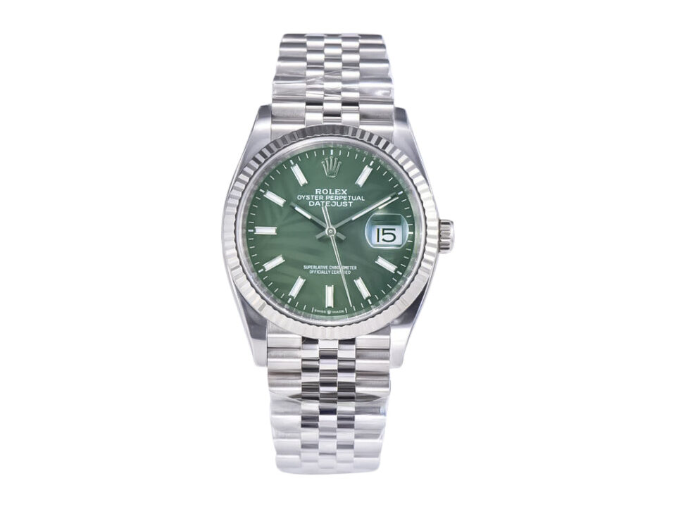 Datejust 36 stainless steel watch with green palm motif dial, fluted bezel, and Jubilee bracelet.