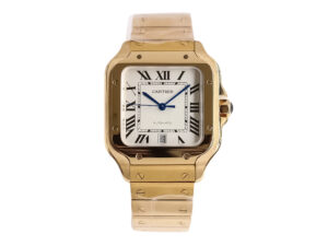 Santos Large Yellow Gold Watch with White Dial (40mm) featuring Roman numerals, blue hands, and a polished gold bracelet.