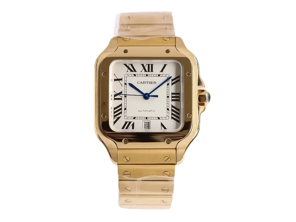 Santos Large Yellow Gold Watch with White Dial (40mm) featuring Roman numerals, blue hands, and a polished gold bracelet.