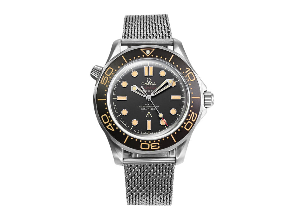 Seamaster Diver 300 Titanium ‘No Time to Die’ (42mm) watch with a black dial, brown bezel, and titanium mesh bracelet.