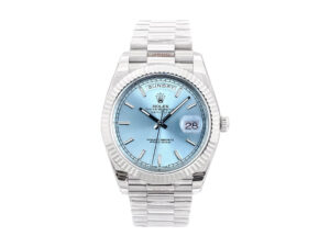 Day-Date 40 Platinum 'President' watch with Ice Blue Dial, Fluted Bezel, and President bracelet displayed on a product page.