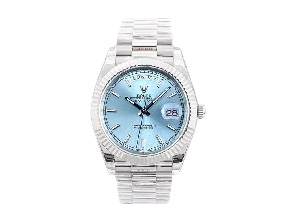 Day-Date 40 Platinum 'President' watch with Ice Blue Dial, Fluted Bezel, and President bracelet displayed on a product page.