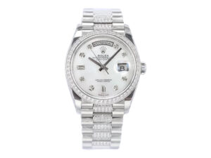 Day-Date 36 Stainless Steel ‘President’ with Diamond Mother of Pearl Dial and Diamond Bezel, showcasing luxury craftsmanship.