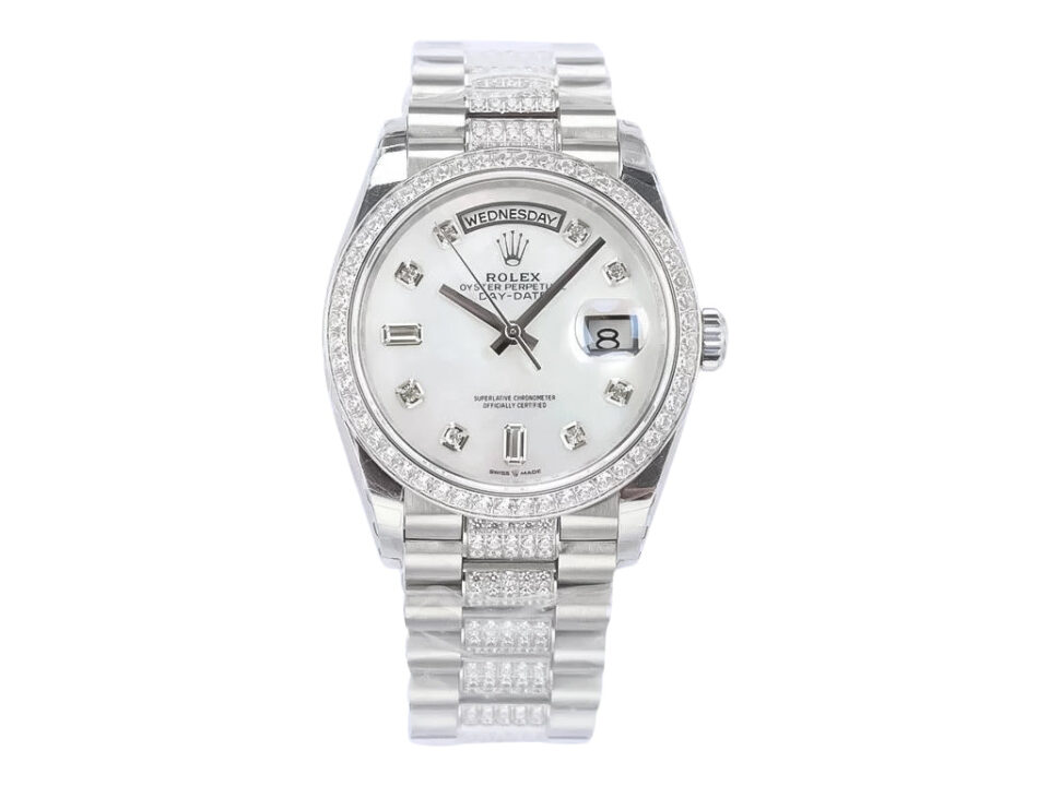 Day-Date 36 Stainless Steel ‘President’ with Diamond Mother of Pearl Dial and Diamond Bezel, showcasing luxury craftsmanship.