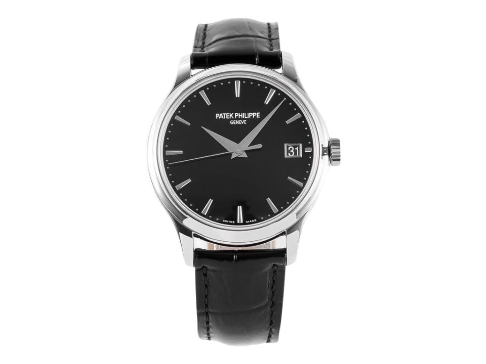 Calatrava Stainless Steel watch with black dial, 39mm case, minimalist design, silver markers, and black leather strap.