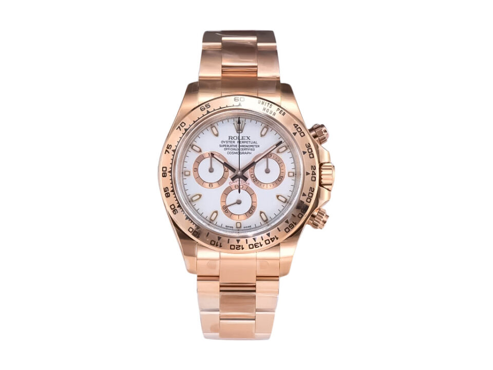 Cosmograph Daytona Rose Gold with Ivory Dial, featuring a rose gold bracelet and three subdials on the ivory-toned face.