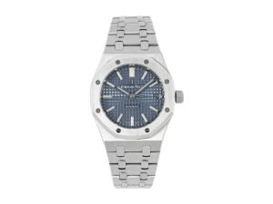 Royal Oak stainless steel watch with a 37mm case, blue textured dial, and silver-tone bracelet displayed on white background.