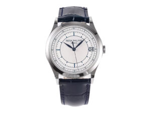 Calatrava Stainless Steel ‘Scientific’ watch with 38mm silver dial, black leather strap, and date display on product page.