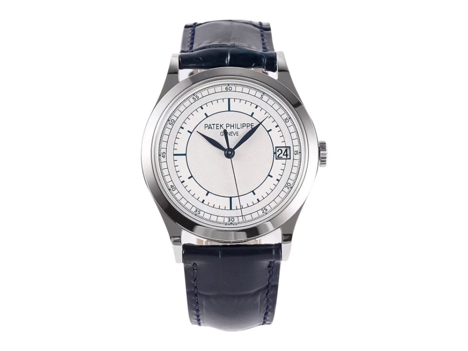 Calatrava Stainless Steel ‘Scientific’ watch with 38mm silver dial, black leather strap, and date display on product page.