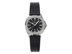 Aquanaut Luce Stainless Steel Diamond Black watch with black dial, diamond-set bezel, and black rubber strap.