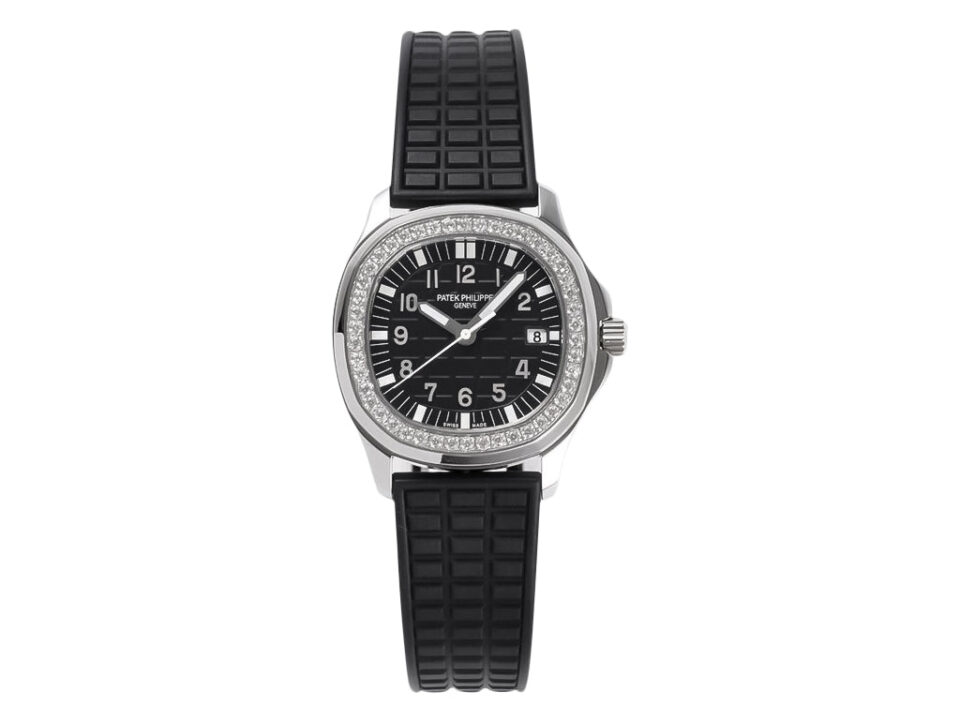 Aquanaut Luce Stainless Steel Diamond Black watch with black dial, diamond-set bezel, and black rubber strap.