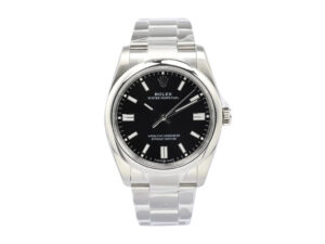 Oyster Perpetual 36 stainless steel watch with black dial, luminous hour markers, and a polished bracelet.