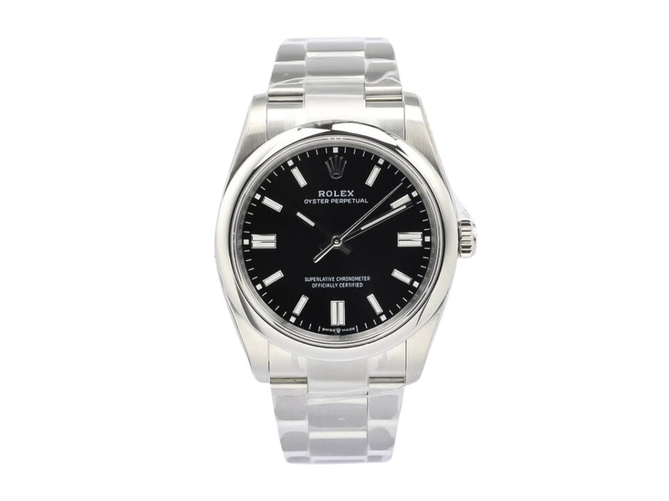 Oyster Perpetual 36 stainless steel watch with black dial, luminous hour markers, and a polished bracelet.