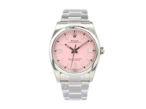 Oyster Perpetual 36 Stainless Steel watch with a pink dial, silver hour markers, and matching stainless steel bracelet.