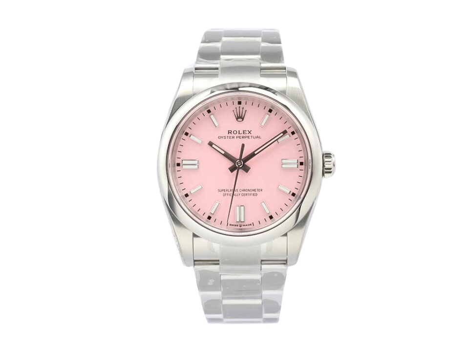 Oyster Perpetual 36 Stainless Steel watch with a pink dial, silver hour markers, and matching stainless steel bracelet.