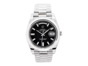 Day-Date 40 White Gold ‘President’ watch with black diamond dial, fluted bezel, and signature President bracelet.
