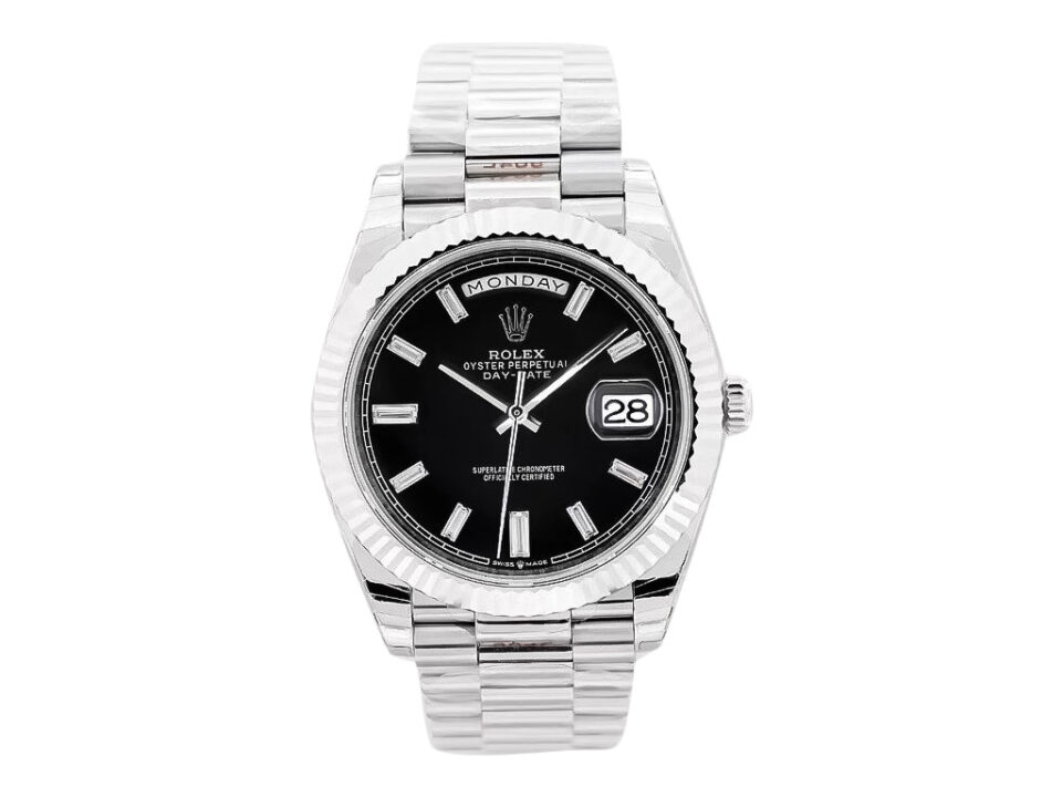 Day-Date 40 White Gold ‘President’ watch with black diamond dial, fluted bezel, and signature President bracelet.