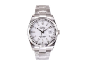 Datejust 41 Stainless Steel watch on Oyster bracelet with white dial and fluted bezel, displayed front-facing.