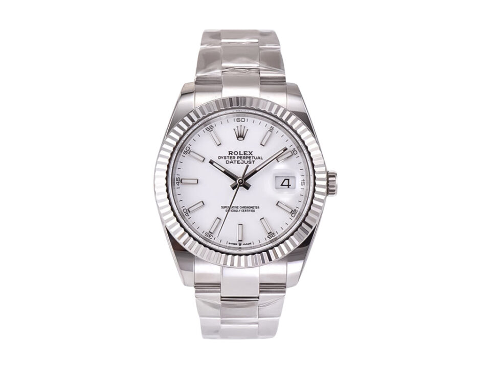 Datejust 41 Stainless Steel watch on Oyster bracelet with white dial and fluted bezel, displayed front-facing.